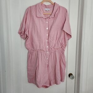 Linen Cotton Blend Pink Button Up Romper